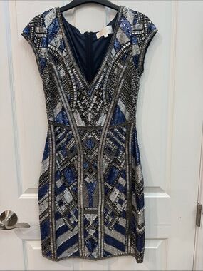 LARA Navy and Silver Beaded V-Neck Mini Dress